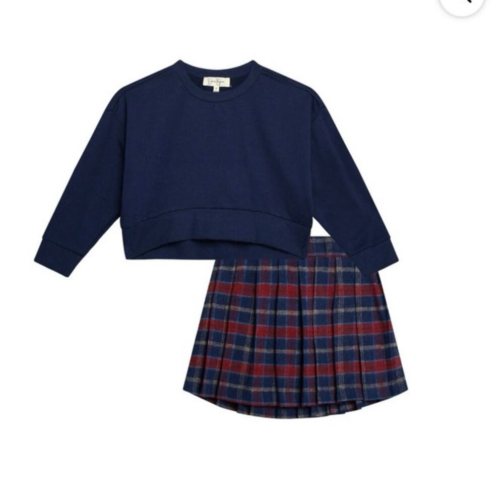 Jessica Simpson Girls' Red & Navy Plaid Skirt and‎ Sweater Set, size 6 NEW